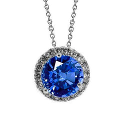 Collana con pendente rotondo in zaffiro di Ceylon e diamante 3.50 carati WG 14K
