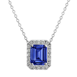Collana con zaffiro dello Sri Lanka con smeraldi e smeraldi con ciondolo a forma di diamante 4 carati