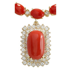 Collana da donna in corallo rosso e diamanti da 50.50 ct in oro giallo 14K