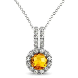 Collana in oro bianco con pendente in citrino a taglio rotondo da 12.00 ct con diamanti