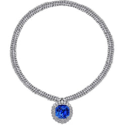 Collana in platino con diamanti bianchi e zaffiro blu da 45 carati