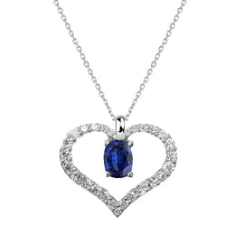 Collana ovale con ciondolo a forma di cuore con zaffiro blu e diamanti 3,25 carati