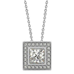 Collana pendente con Princess da 1,50 carati e diamanti tondi senza catena WG in oro bianco 14 carati