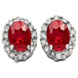 Coppia di orecchini in oro a bottone da donna a grappolo da 9 ct con rubini rossi e diamanti a taglio ovale