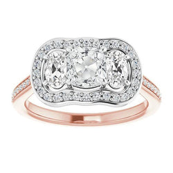 Cuscino Halo e anello ovale con 3 pietre stile diamante taglio antico 10,75 carati