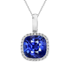 Cuscino pendente Halo Zaffiro dello Sri Lanka e diamante tondo 5 carati
