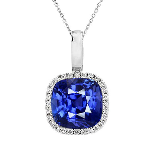 Cuscino pendente Halo Zaffiro dello Sri Lanka e diamante tondo 5 carati - harrychadent.it