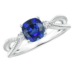 Cuscino per anello con 3 pietre in zaffiro blu stile corda 2.25 carati con gambo diviso