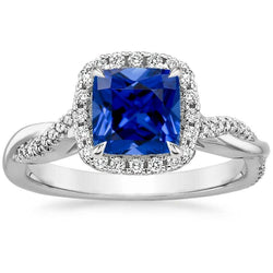 Cuscino per anello con diamante Halo Set di pavé di zaffiri blu accentati 3.25 carati