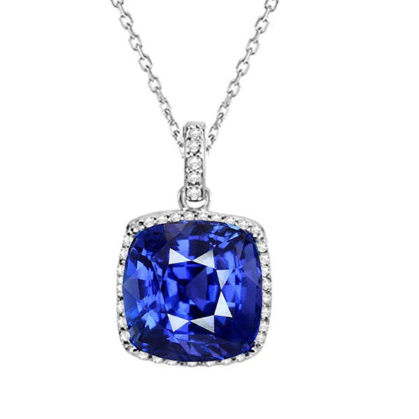 Cushion Ceylon Sapphire Halo Diamond Ciondolo Con Catena 5,50 Carati - harrychadent.it