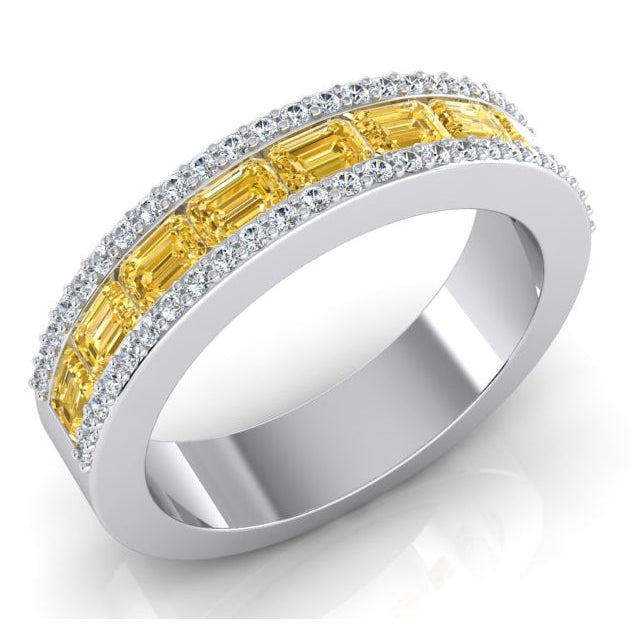 Diamante giallo canarino taglio smeraldo e fascia rotonda in oro 3,25 carati