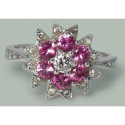 Diamanti e zaffiri rosa 1.15 ct. Anello Stile Fiore Oro Bianco 14K