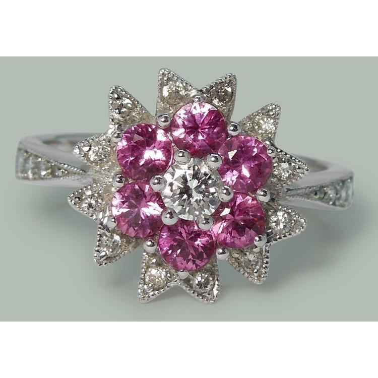 Diamanti e zaffiri rosa 1.15 ct. Anello Stile Fiore Oro Bianco 14K
