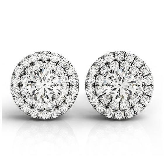 Orecchini a bottone da donna con doppio anello di diamanti rotondi 2.10 carati in oro bianco 14K - harrychadent.it