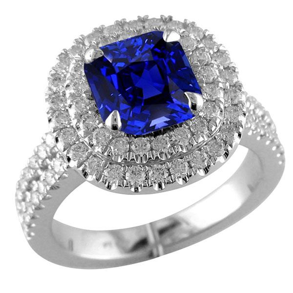 Double Halo Cushion Blue Sapphire Ring Pave Split Shank 4.50 carati - harrychadent.it