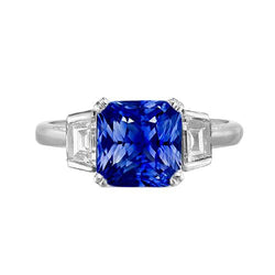 Fede nuziale 3 pietre cuscino zaffiro e diamante trapezoidale 2.50 carati