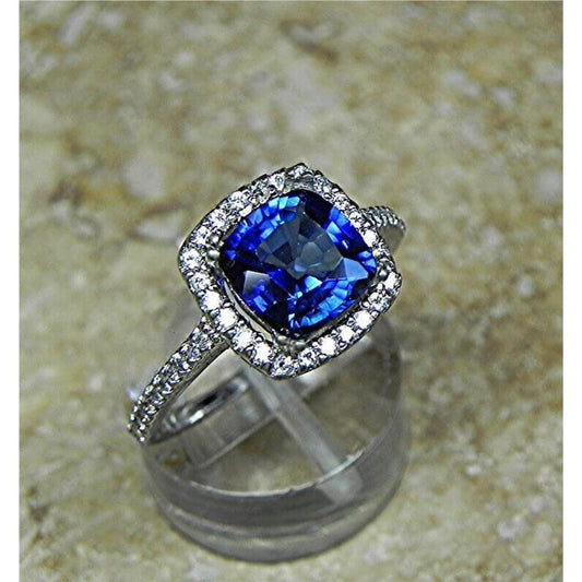 Fede nuziale blu con zaffiro taglio cuscino Halo. oro 3.5 ct 14K - harrychadent.it