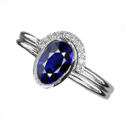 Fede nuziale con diamanti e zaffiro blu ovale. set 3 carati in oro bianco