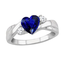 Fede nuziale con zaffiro blu carati 1,75 e diamanti tondi 3 pietre cuore in oro bianco 14k