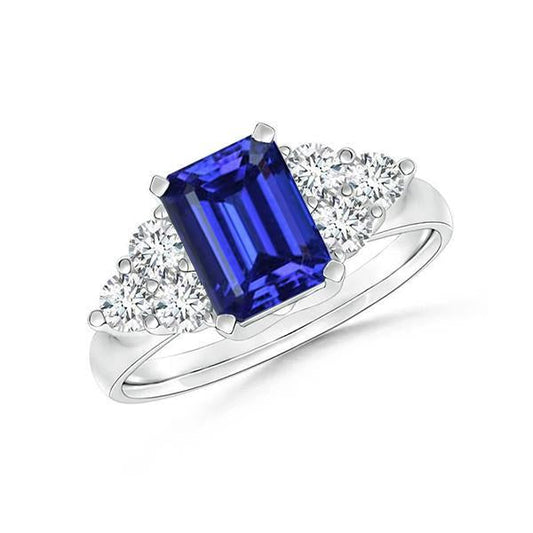 Fede nuziale con zaffiro blu di Ceylon taglio smeraldo da 4 ct e diamante rotondo - harrychadent.it
