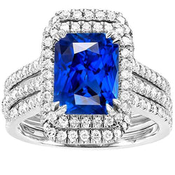 Fede nuziale di fidanzamento Halo con zaffiro blu 5 carati e giacca di diamanti