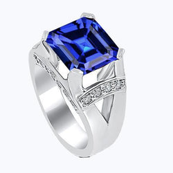 Fede nuziale diamante Asscher blu zaffiro oro V gambo diviso 3 carati