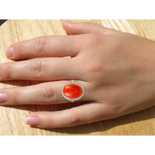 Fede nuziale ovale in corallo rosso con diamanti 11.20 ct 14k oro giallo 14k - harrychadent.it