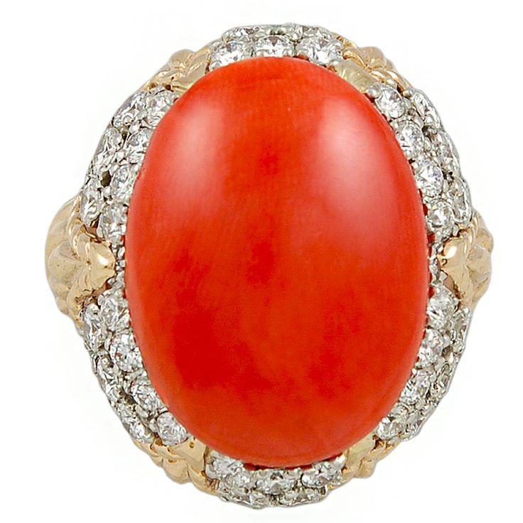 Fede nuziale ovale in corallo rosso con diamanti 11.20 ct 14k oro giallo 14k - harrychadent.it