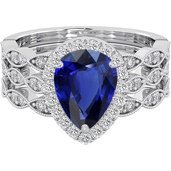 Halo Fedi Nuziali Taglio Pera Set Blu Zaffiro Stile Vintage 4.50 Carati - harrychadent.it
