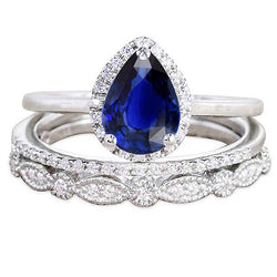 Fede nuziale stile vintage Halo con zaffiro blu taglio a pera Set 3.50 carati