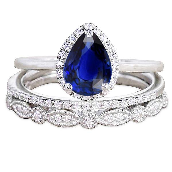Fede nuziale stile vintage Halo con zaffiro blu taglio a pera Set 3.50 carati - harrychadent.it