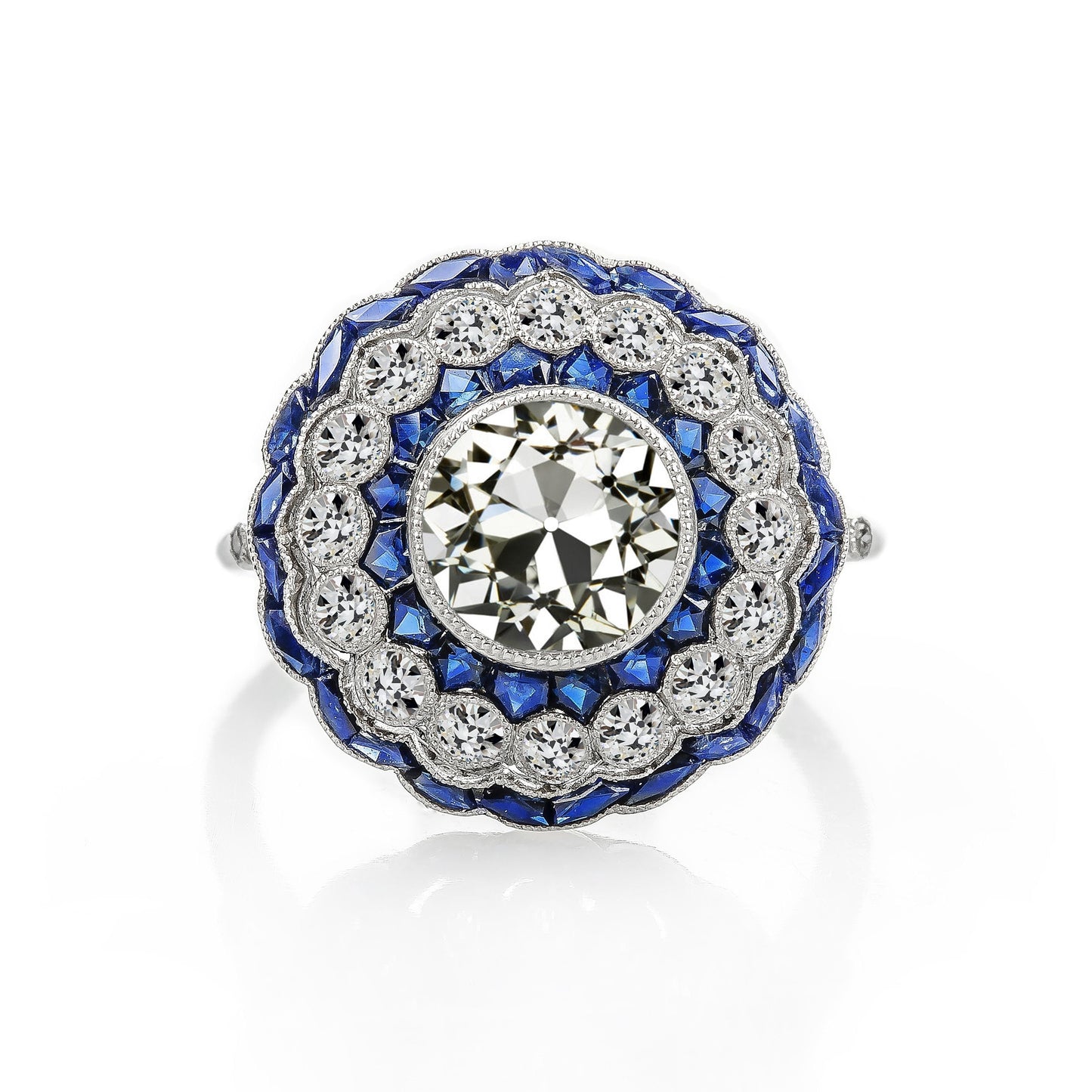 Gioielli Art Deco New Gold Halo Ring Old Cut Diamond & Blue Sapphire