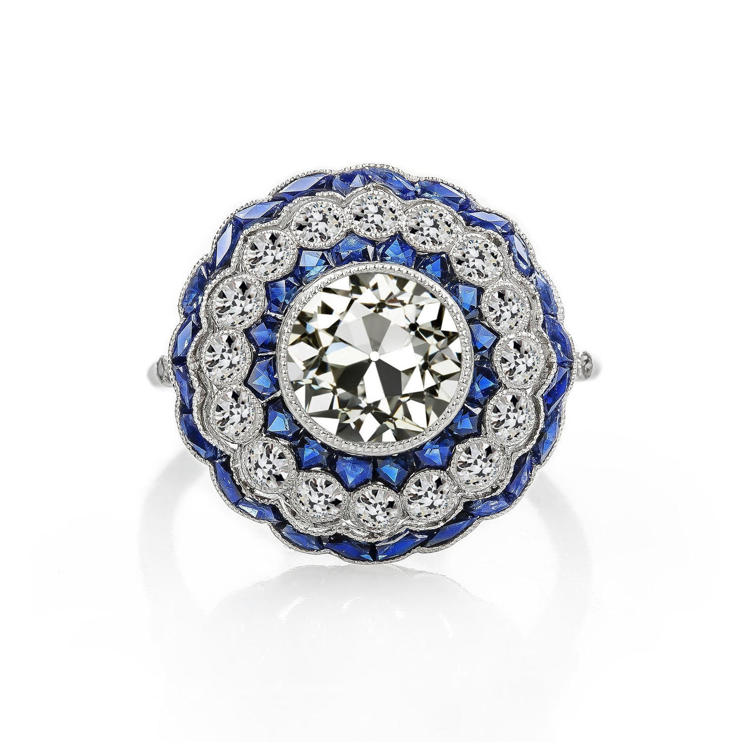 Gioielli Art Deco New Gold Halo Ring Old Cut Diamond & Blue Sapphire