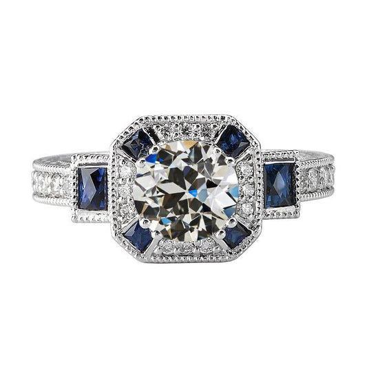 Gioielli Art Déco New Halo Old Mine Anello taglio zaffiri trapezoidali diamanti Ceylon 5 carati