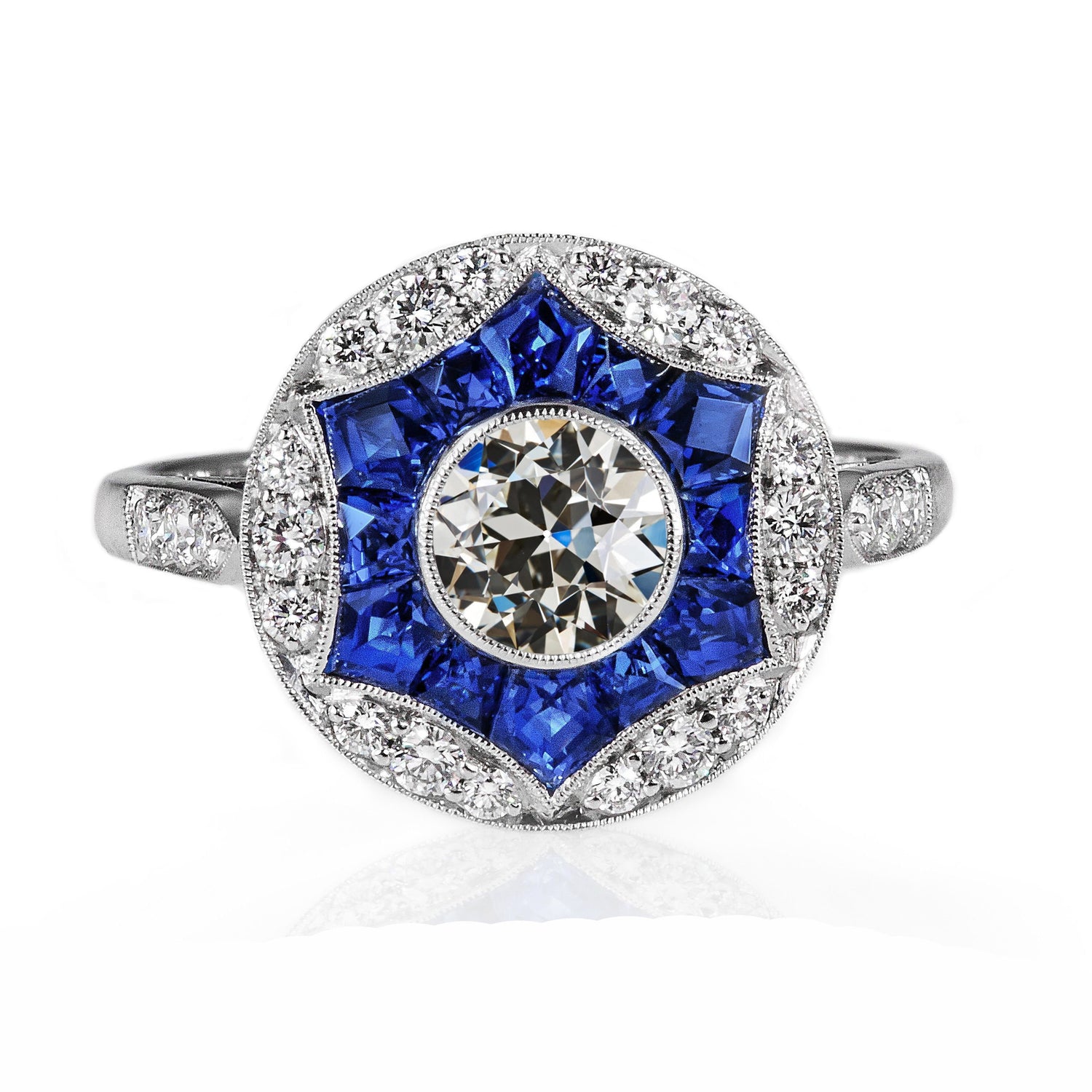 Gioielli Art Déco New Halo Vecchio anello europeo con diamanti e zaffiro blu