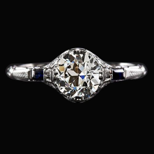 Gioielli Art Déco Nuovo anello 3 pietre Zaffiri blu con diamanti a taglio antico 2 carati