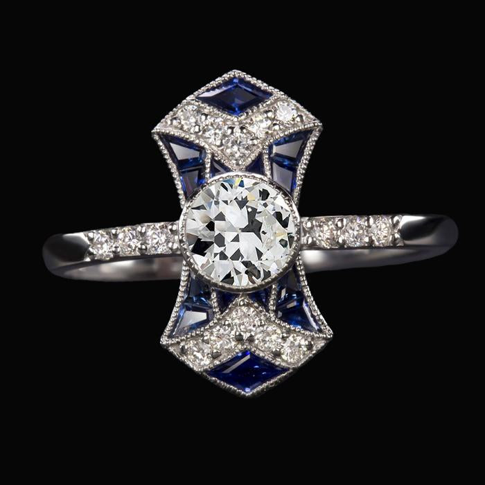 Gioielli Art Déco Nuovo anello Diamante rotondo da vecchio minatore zaffiro trapezoidale 4,50 carati