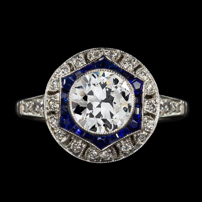 Gioielli Art Déco Nuovo anello Double Halo Zaffiri di Ceylon con diamanti a taglio antico