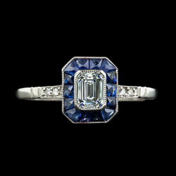 Gioielli Art Déco Nuovo anello Halo Diamante smeraldo e zaffiri trapezoidali