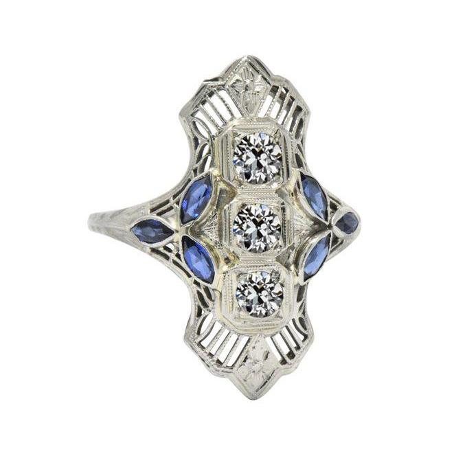 Gioielli Art Déco Nuovo anello con pietre preziose Diamante a taglio antico e zaffiro marchese