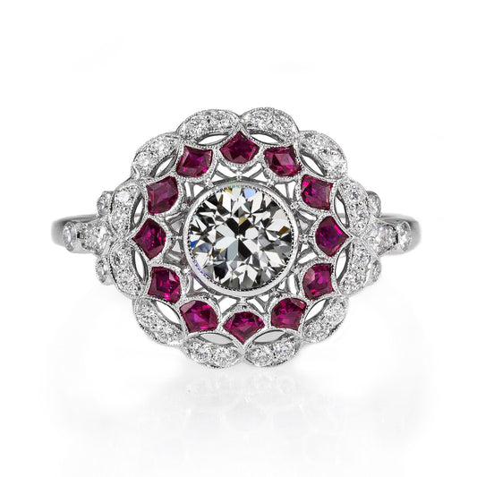 Gioielli Art Déco Nuovo anello stile fiore Halo Diamante a taglio antico Rubino a taglio speciale