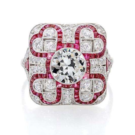 Gioielli Art Déco Nuovo stile antico Halo Anello con diamanti a taglio antico Rubini trapezoidali