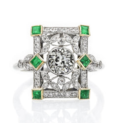 Gioielli Art Déco a taglio antico Nuovo anello con diamanti Princess Green Emerald