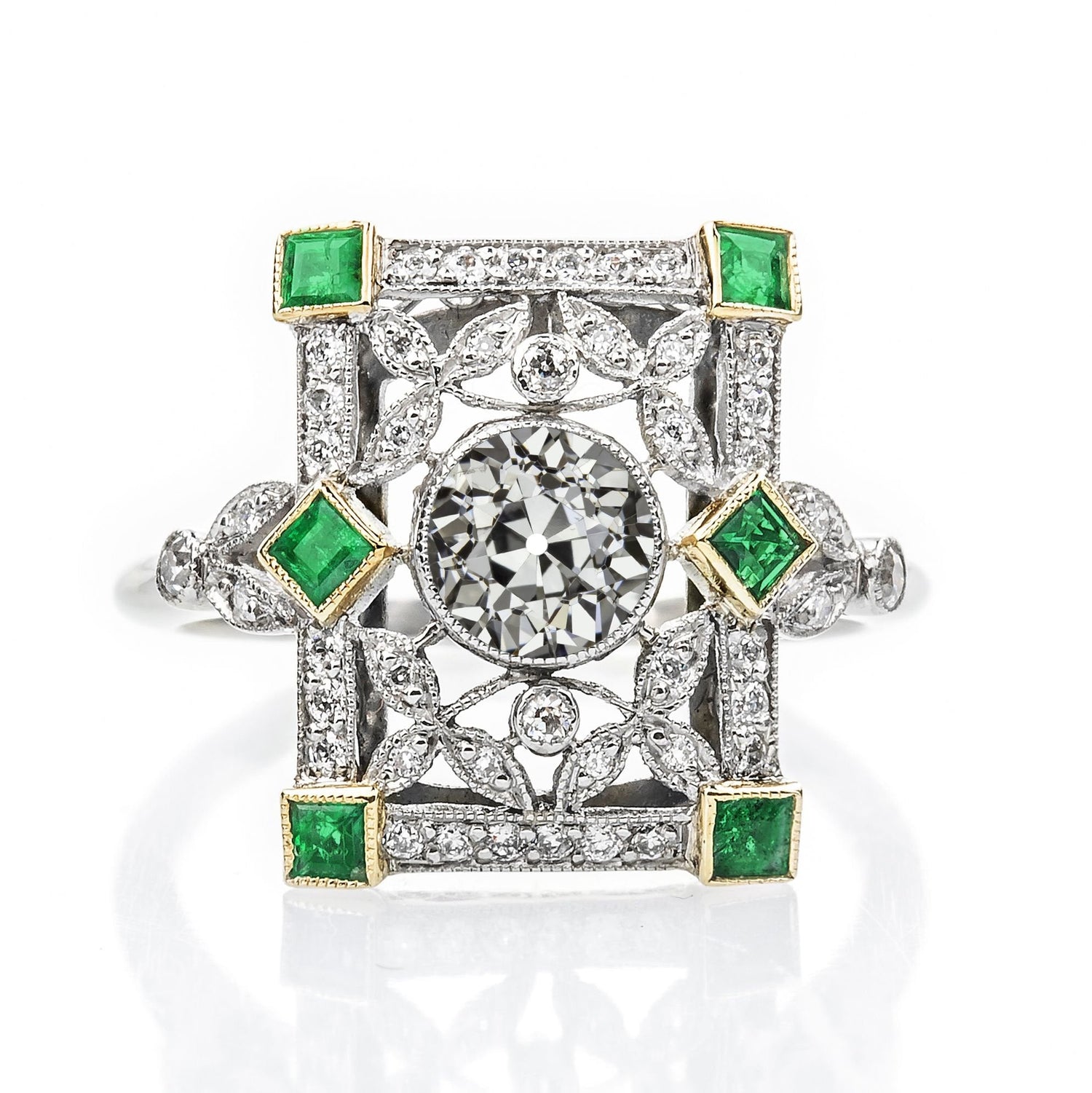 Gioielli Art Déco a taglio antico Nuovo anello con diamanti Princess Green Emerald