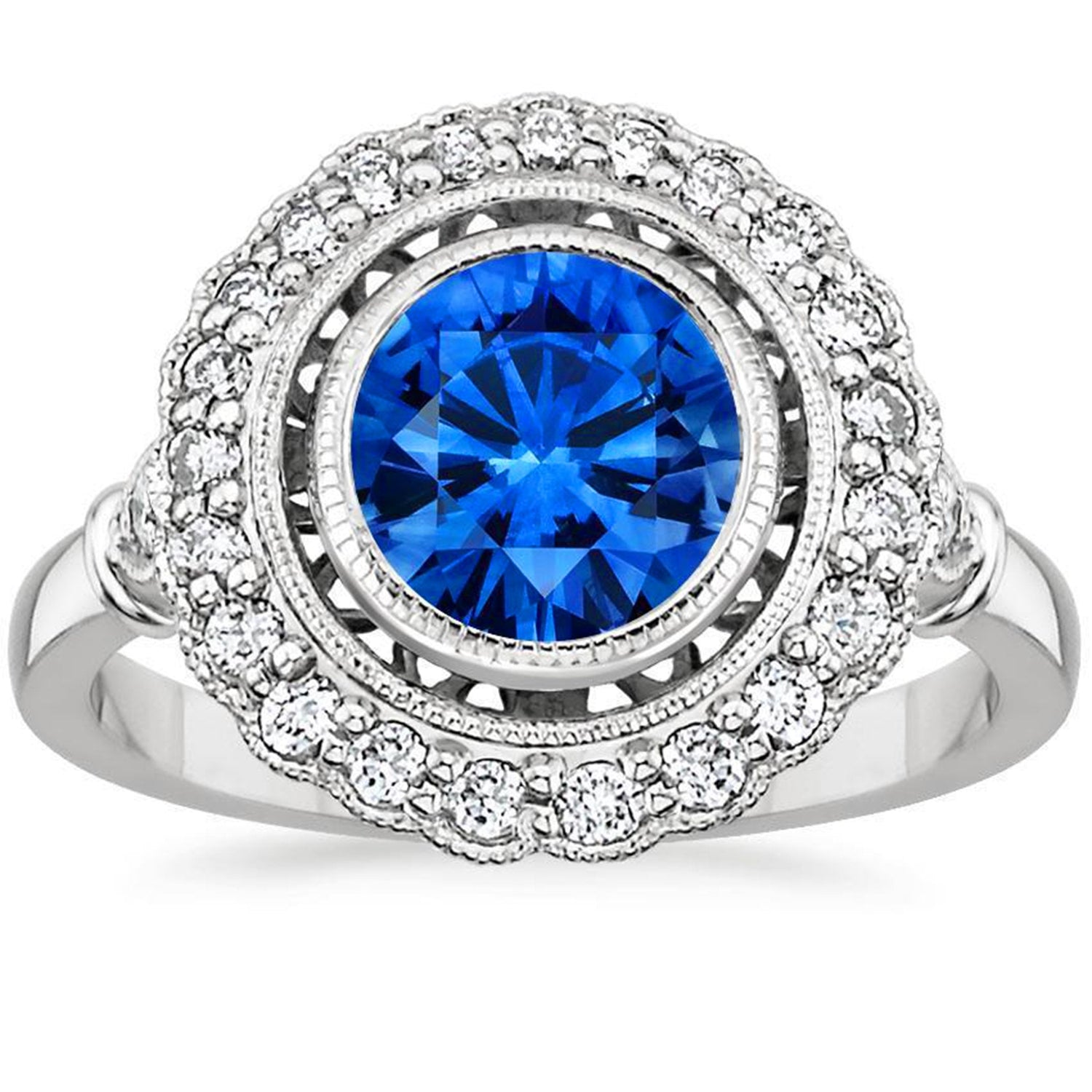 Gioielli Art Nouveau Nuovo anello Halo Zaffiro tondo blu con diamante da 3,20 ct