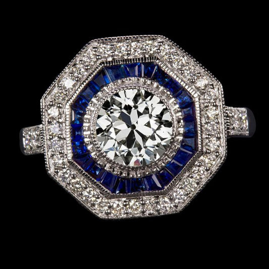 Gioielli Double Halo Art Déco Nuovo anello con zaffiro blu Diamante a taglio antico