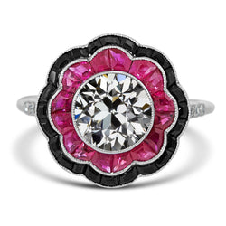 Gioielli Halo Art Déco Nuovo anello a taglio antico Onice nero e zaffiro rosa Stile fiore