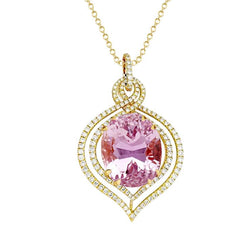 Gioielli in pietra preziosa con ciondolo con diamanti Kunzite rosa da donna in oro giallo 14K