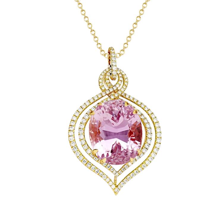 Gioielli in pietra preziosa con ciondolo con diamanti Kunzite rosa da donna in oro giallo 14K - harrychadent.it