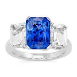 Gioiello con diamanti radianti 3 carati Anello con tre pietre di zaffiro blu